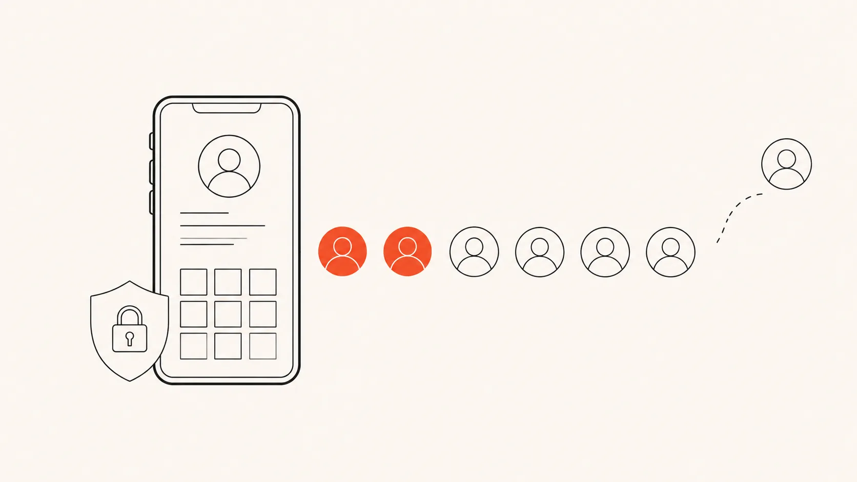 A phone showing your profile beside follower avatars — some you follow back, one drifting away — with a privacy padlock.
